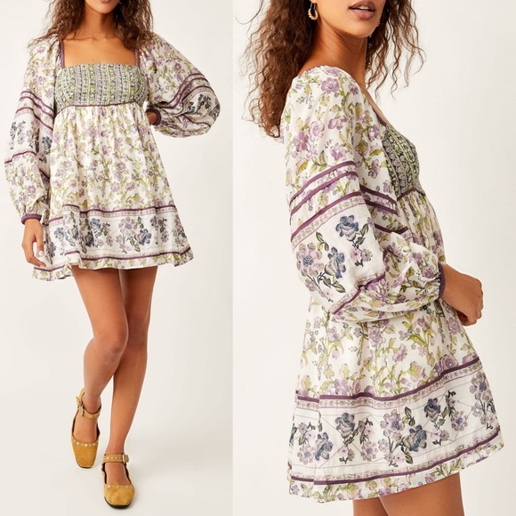 Free People Endless Afternoon Mini Dress Ivory Purple Green Floral Size Medium - Picture 1 of 9